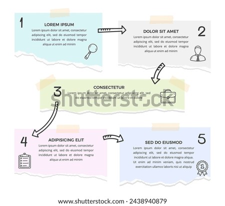 Infographic template with five options with paper notes and hand drawn arrows, vector eps10 illustration