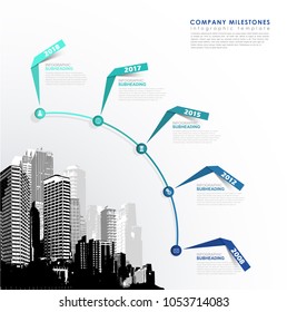 Infographic template with five paper stripes, icons and skyscrapers.