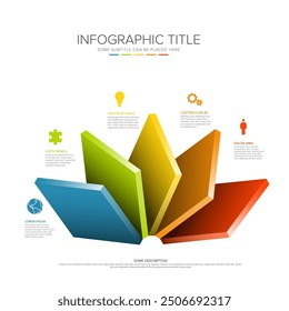 Infographic template with five rainbow desk levels on white background. Square blocks with icons and descriptions - multipurpose infographic template