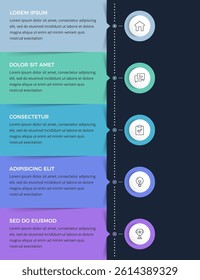 Infographic template with five rectangles for your text arranged vertically, infographics of a process, steps or workflow, dark background, vector eps10 illustration