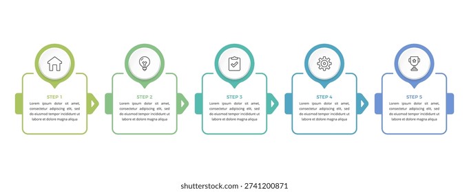Infographic template with five sequential steps with linear frames with arrows