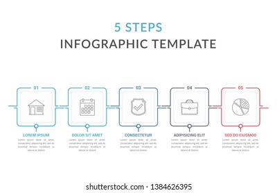 Infographic template with five squares with text and line icons, process diagram, workflow, five steps or options, vector eps10 illustration