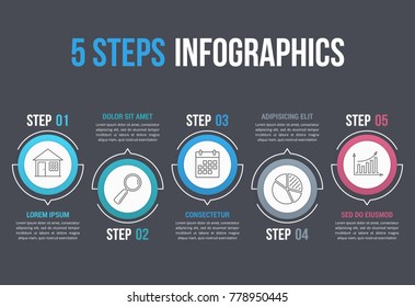 Infographic template with five steps in circles with line icons, process, workflow, options design, vector eps10 illustration
