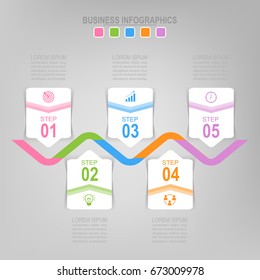 Infographic template of five steps on squares, tag banner, work sheet, flat design of business icon, vector