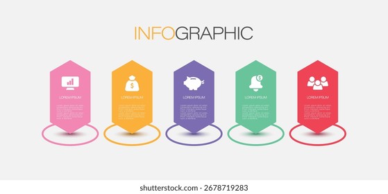 Modelo infográfico com cinco etapas ou estágios. Elementos infográficos de negócios hexagonais