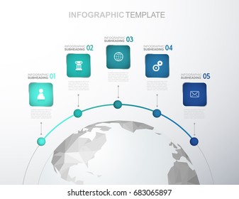 Infographic template with five stripes and icons line up beside polygonal map - light version.