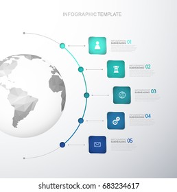 Infographic template with five stripes and icons line up beside polygonal map - light version.