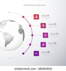 Infographic template with five stripes and icons line up beside polygonal map - light version.