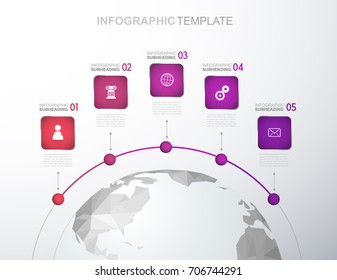 Infographic template with five stripes and icons line up beside polygonal map - light version.