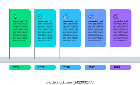 Plantilla infográfica con indicadores y 5 opciones o pasos. Carretera. Se puede utilizar para diseño de flujo de trabajo, diagrama, banner, diseño web. Ilustración del vector