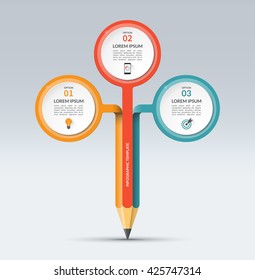 Infographic template in the form of a pencil with 3 options, steps, parts. Vector banner for business or educational infographics. Can be used for  diagram, chart, number options, report, web design