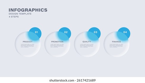 Infographic template of four circle elements in glass morphism style. Transparent infographic template design