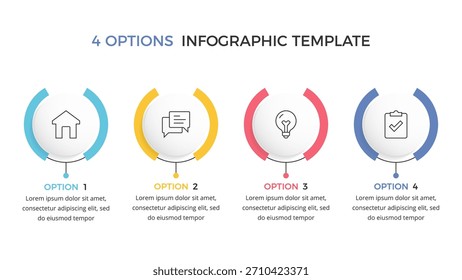 Plantilla de infografía con cuatro Elementos circulares dispuestos en una fila, proceso de cuatro pasos o cuatro opciones
