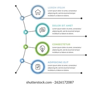 Infographic template with four circular options connected by a line, suitable for business presentations, workflow steps, data visualization, vector eps10 illustration