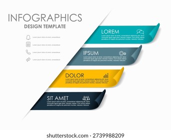 Infographic template with four colorful diagonal ribbons, placeholder text, icon,based sidebar. Vector illustration.