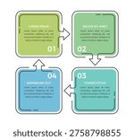 Infographic template with four connected square options forming a cycle process for business data visualization and workflow presentation