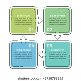 Infographic template with four connected square options forming a cycle process for business data visualization and workflow presentation