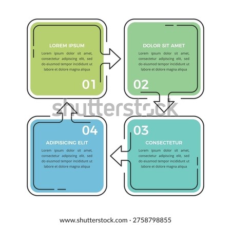 Infographic template with four connected square options forming a cycle process for business data visualization and workflow presentation
