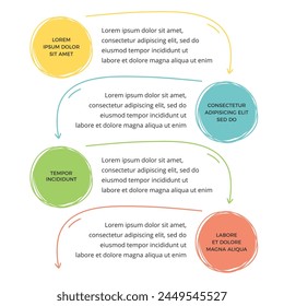 Plantilla infográfica con cuatro círculos y flechas dibujadas a mano, estilo doodle, ilustración eps10 de Vector