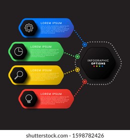 infographic template with four hexagonal elements on a black background. modern business process visualisation with thin line marketing icons. vector illustration easy to edit and customize. eps 10