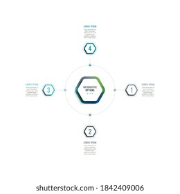 Infographic template with four hexagonal elements and text boxes on a white background. Modern business process data visualization. Vector illustration easy to edit and customize. Eps 10