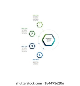 Infographic template with four hexagonal elements and text boxes on a white background. Modern business process data visualization. Vector illustration easy to edit and customize. Eps 10