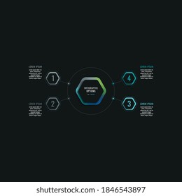 Infographic template with four hexagonal elements and text boxes on a black background. Modern business process data visualization. Vector illustration easy to edit and customize. Eps 10