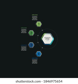 Infographic template with four hexagonal elements on a black background. Modern business process visualisation with thin line marketing icons. Vector illustration easy to edit and customize. Eps 10