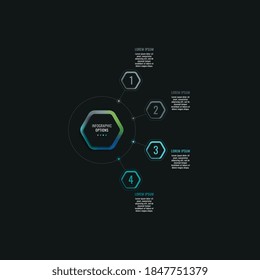 Infographic template with four hexagonal elements and text boxes on a black background. Modern business process data visualization. Vector illustration easy to edit and customize. Eps 10