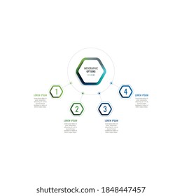 Infographic template with four hexagonal elements and text boxes on a white background. Modern business process data visualization. Vector illustration easy to edit and customize. Eps 10