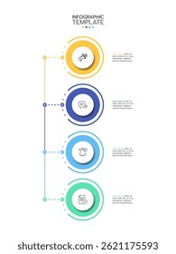 Infographic template with four horizontal circular elements, each featuring an icon and text area. The circles are connected by a dotted line. Vector illustration.
