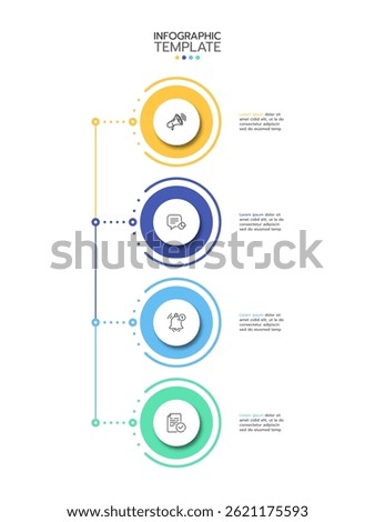 Infographic template with four horizontal circular elements, each featuring an icon and text area. The circles are connected by a dotted line. Vector illustration.