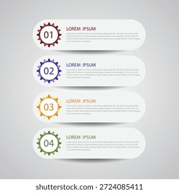 Modelo infográfico com quatro ícones de engrenagem numerados e espaços reservados para texto