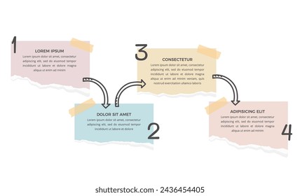 Plantilla de infografía con cuatro opciones con notas de papel y flechas dibujadas a mano, ilustración vectorial eps10