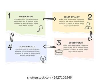 Plantilla de infografía con cuatro notas de papel conectadas con flechas dibujadas a mano, diagrama de círculos, ilustración vectorial eps10