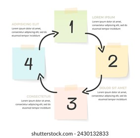 Plantilla de infografía con cuatro notas de papel y flechas dibujadas a mano, diagrama circular, ilustración vectorial eps10