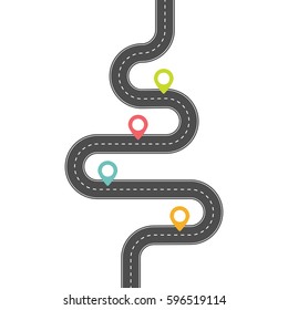 Infographic template. Four Steps curved asphalt road with color pin-pointers. Vector EPS 10