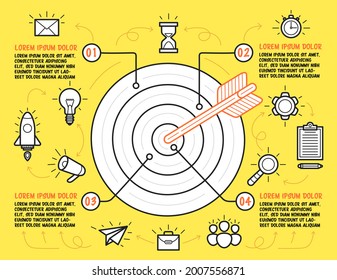 Plantilla infográfica con cuatro pasos con descripción en fondo amarillo. Destino dibujado a mano con flecha en los iconos de centro y negocio. Vector.