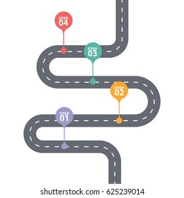 Infographic template. Four steps diagram. Winding asphalt road with color pinpointers. Vector EPS 10
