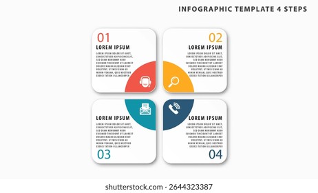 An infographic template with four steps featuring colorful icons and text blocks arranged in square layout for clear visual presentation