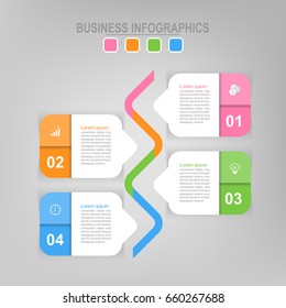 Infographic template of four steps on squares, tag banners point to line, flat design of business icon, vector