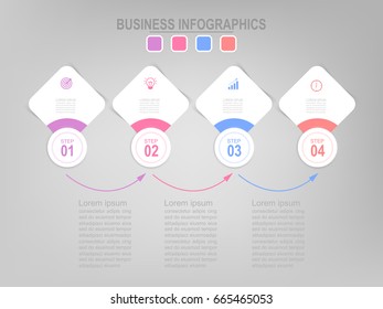 Infographic template four steps on squares, tag banner connecting, pastel work sheet, flat design of business icon, vector