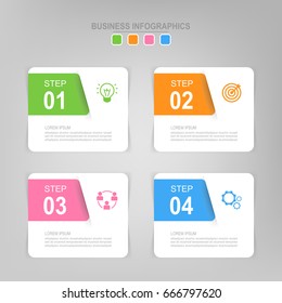 Infographic template of four steps on squares, tag banner, work sheet, flat design of business icon, vector