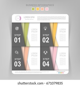 Infographic template of four steps on squares, tag banner, work sheet, flat design of business icon, vector