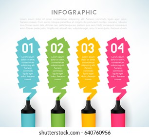 Infographic template with four steps. Pen markers with color text boxes. Conceptual vector illustration for  business presentations or information banner