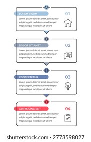 Infographic template with four vertical frames for text and icons designed for business presentations, marketing strategy, workflow visualization