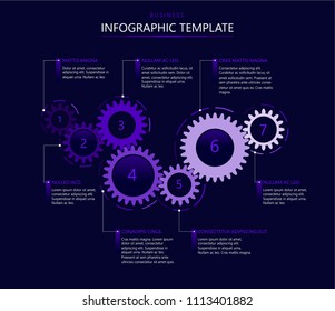 Infographic template with gear with seven elements, steps or options. Intelligent technology hud vector interface. Templates with 7options, parts, steps, processes.