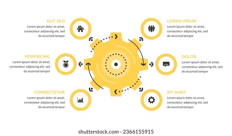 Infographic template with gear with six elements for icons and text, vector eps10 illustration