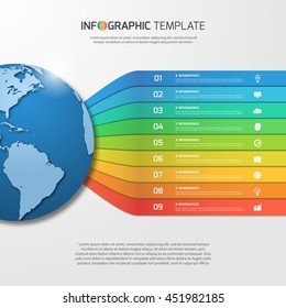 Infographic template with globe with 9 options, parts, steps, processes for graphs, charts, diagrams. Business, education, travel and transportation concept