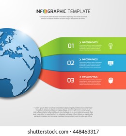 Infographic template with globe for graphs, charts, diagrams. Business, education, technology and transportation concept with 3 options, parts, steps, processes.